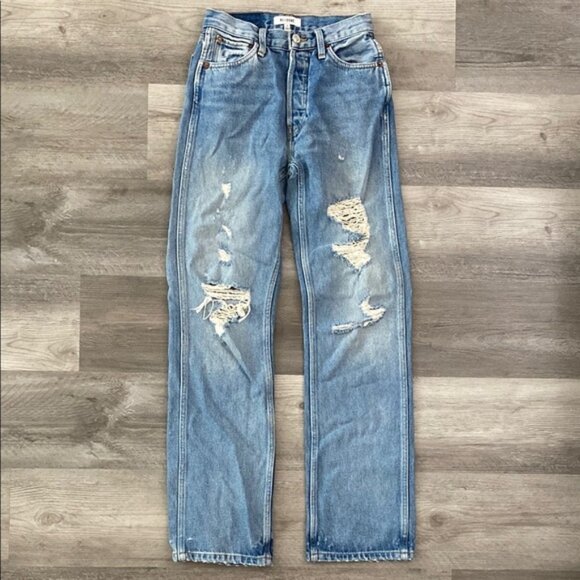 Re/Done Denim - Re/Done 90s High Rise Loose Jeans 24 Blue Distressed 100% Cotton Button Fly Boho